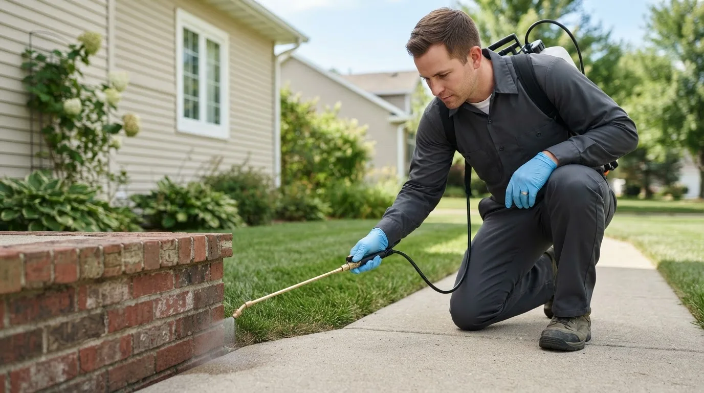 Pest control technician treating a home near Marshall, MO